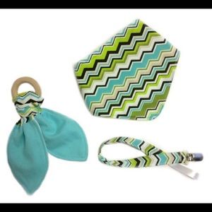 bib, teether, pacifier clip 3 piece baby set